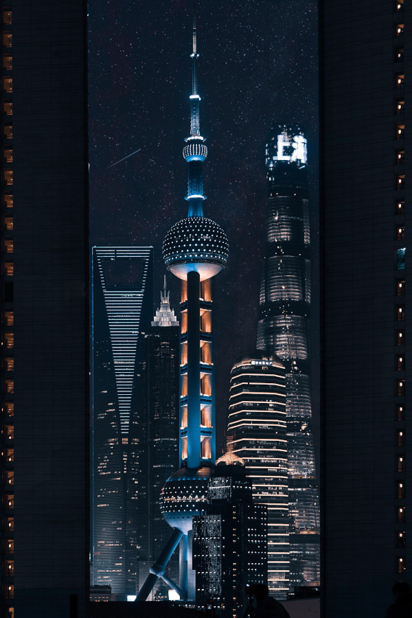 Oriental Pearl Tower lit up at night