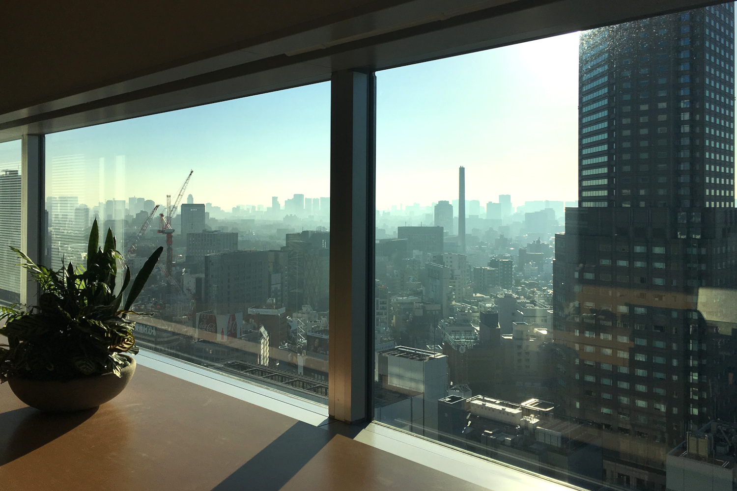 Morning city skyline through window