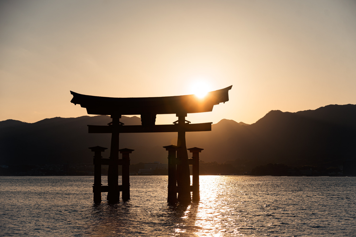 Japanese shrine gate lit by sunset