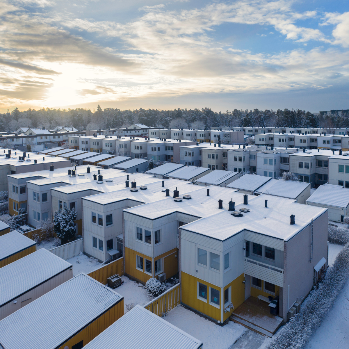 Lines of public apartment buildings covered by snow in Sweden