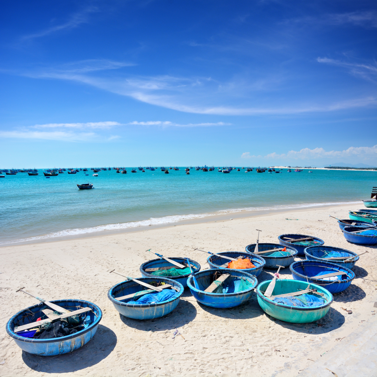 Basket boats on see shore of Vietnam